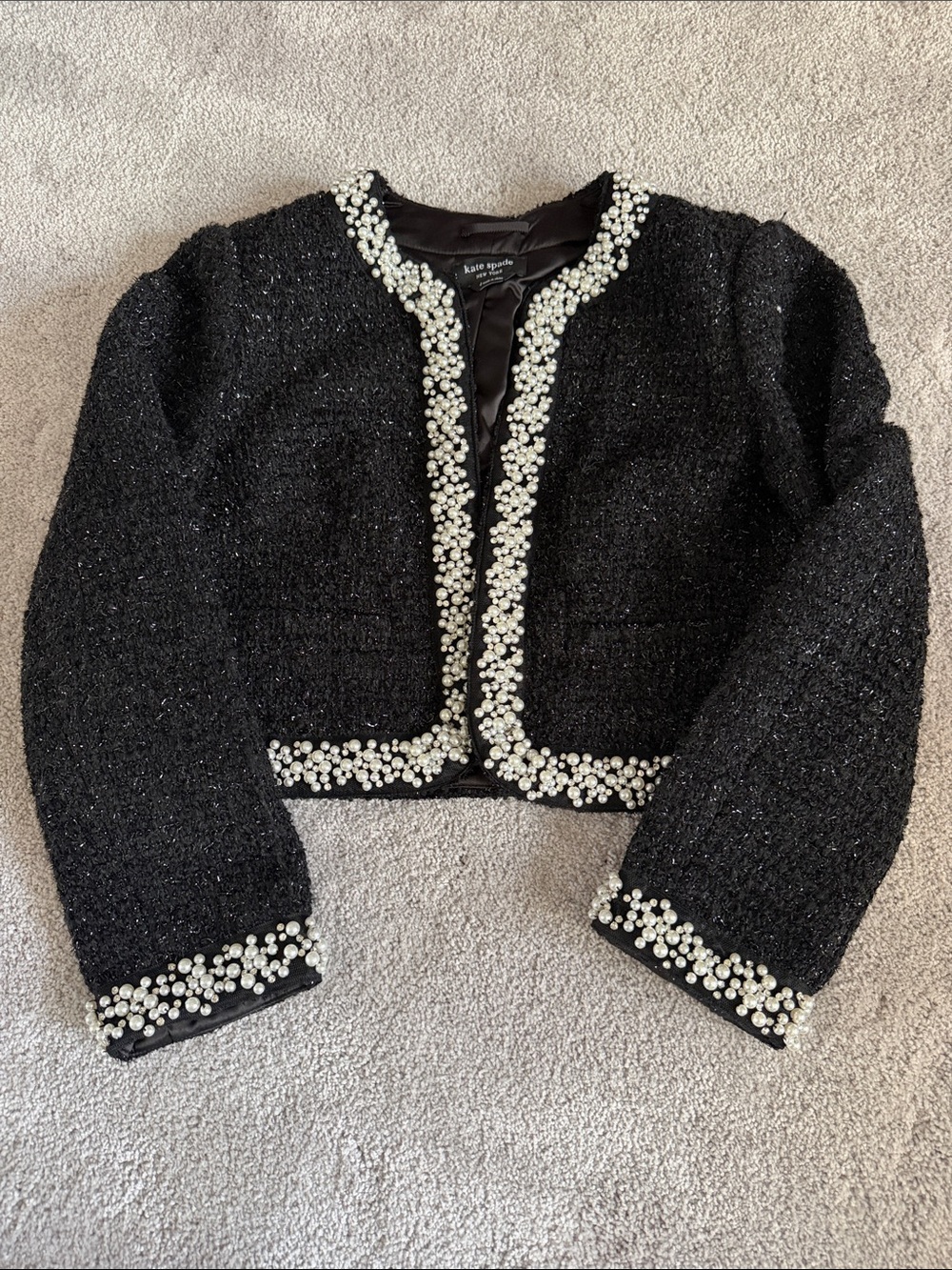 kate spade Black Tweed Pearl-Embellished Cropped Jacket